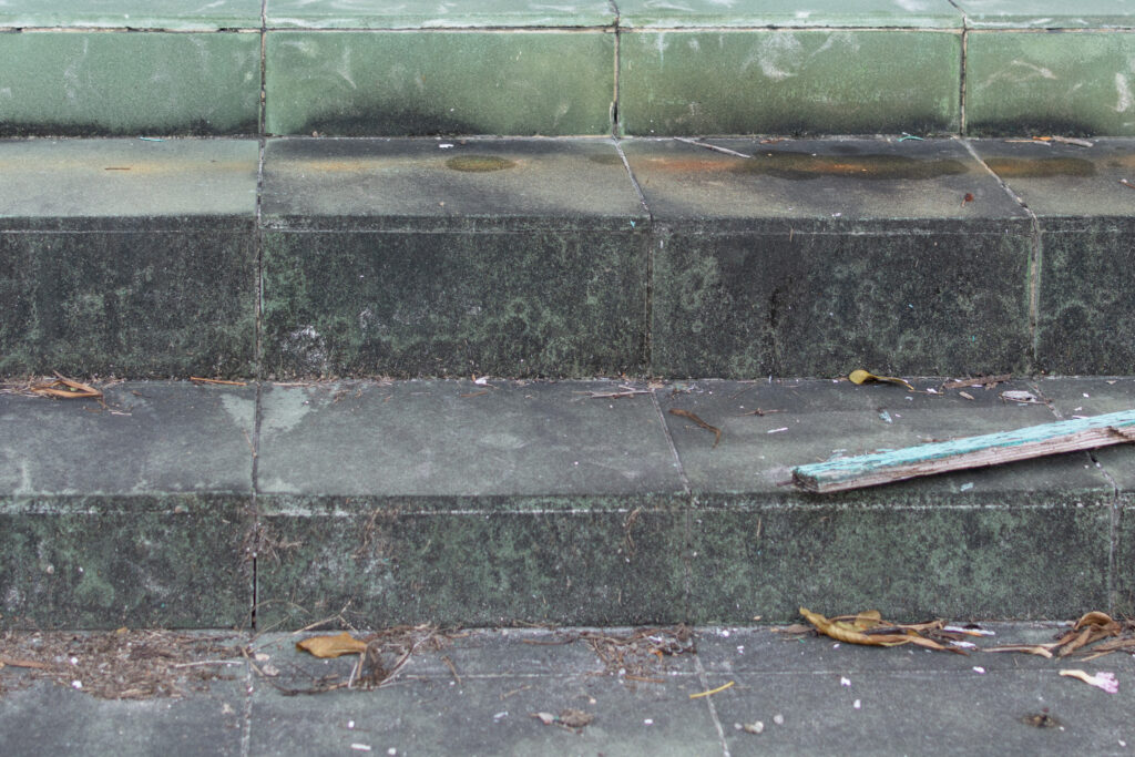 “Stone steps with visible surface wear, staining, and debris from repeated use and exposure.”
